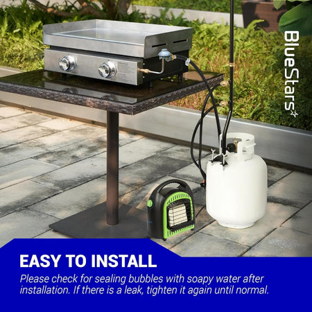 5-foot propane extension hose connecting a propane tree post to a tabletop griddle and portable heater.