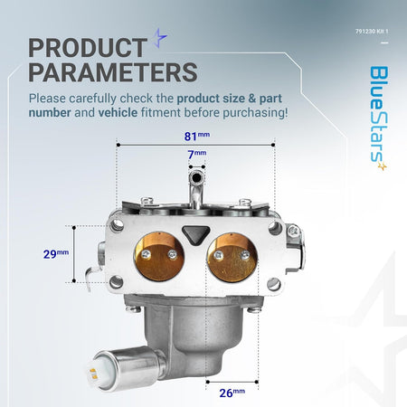 791230 carburetor replacement showing dimensional measurements for B&S 20-25 HP V-Twin engines.