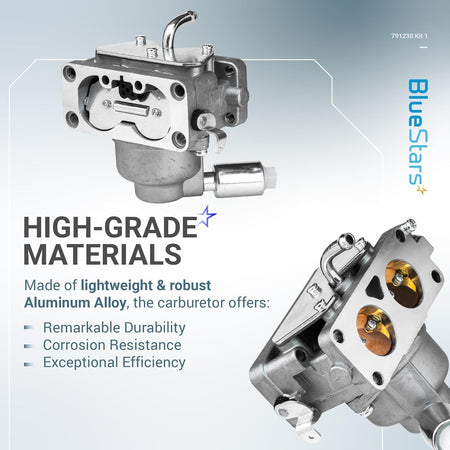 Two views of a 791230 aluminum alloy carburetor for Briggs & Stratton V-Twin engines.