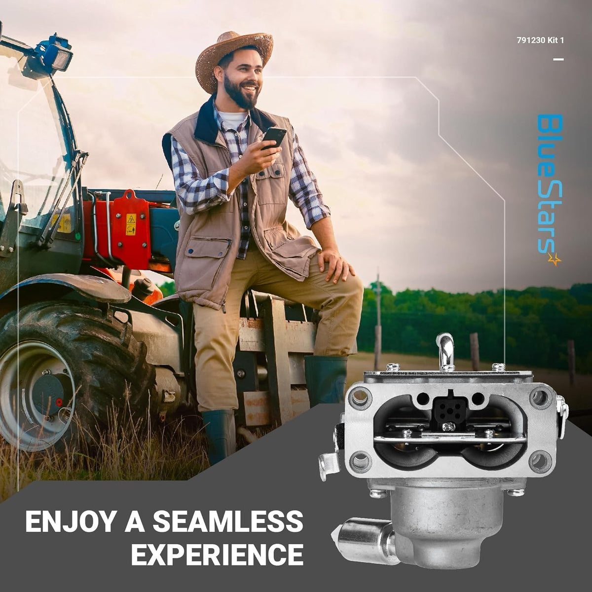791230 carburetor replacement part for V-Twin engines shown in a lifestyle graphic with a farmer and tractor.