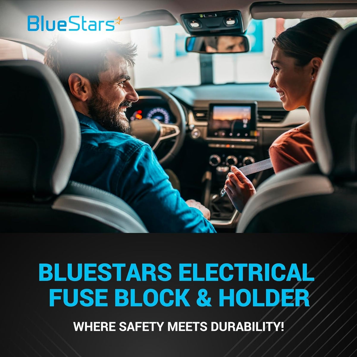 BlueStars promotional graphic featuring a couple in a car with text overlay for electrical fuse block and holder.