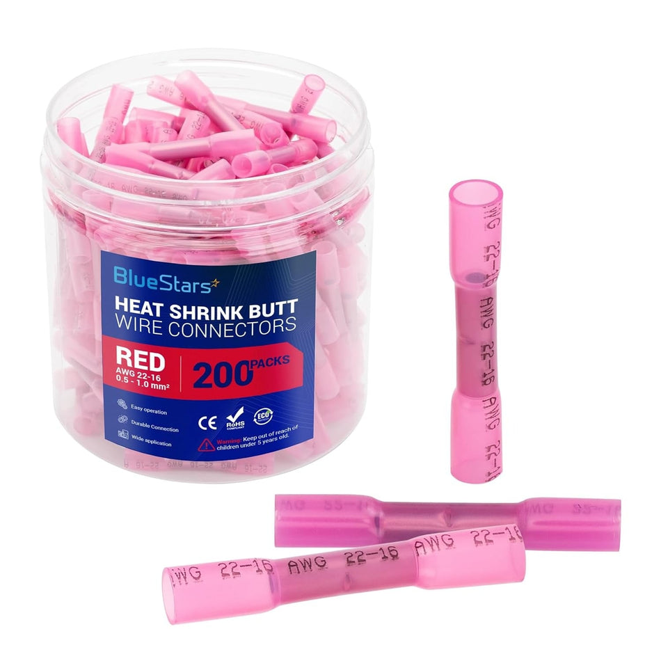 200 PCS RED AWG (22-16) Heat Shrink Butt Wire Connectors