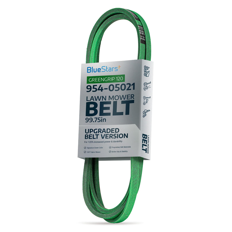 954-05021 green mower deck belt in BlueStars packaging for Cub Cadet, Troy Bilt, and MTD lawn tractors.