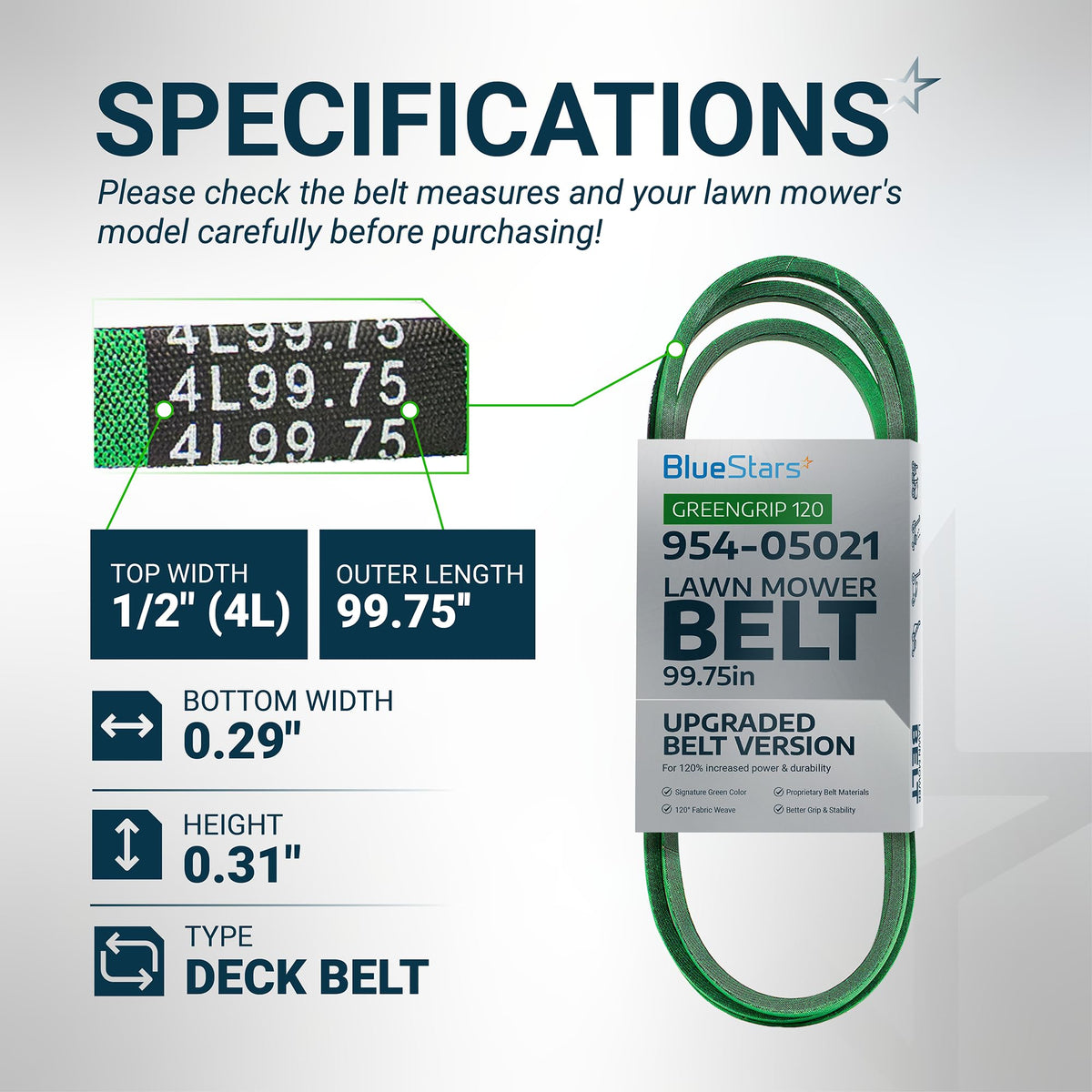 Specification chart for 954-05021 mower deck belt showing dimensions, length, and width details.
