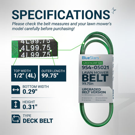 Specification chart for 954-05021 mower deck belt showing dimensions, length, and width details.