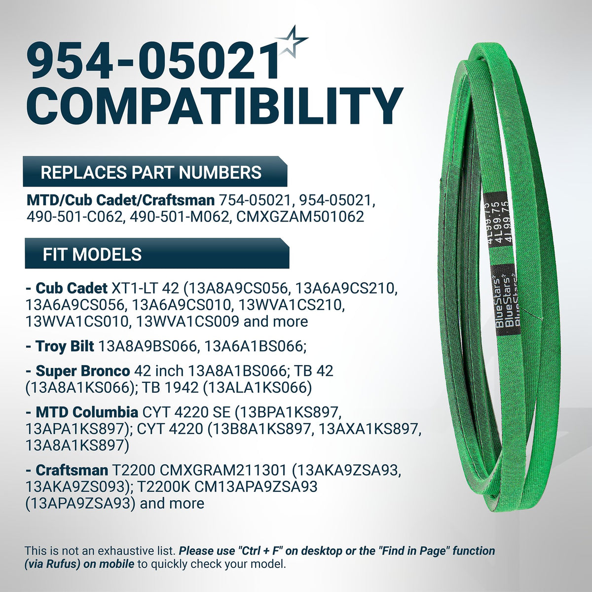 954-05021 mower deck belt compatibility chart showing replacement part numbers and compatible lawn tractor models.