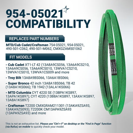 954-05021 mower deck belt compatibility chart showing replacement part numbers and compatible lawn tractor models.