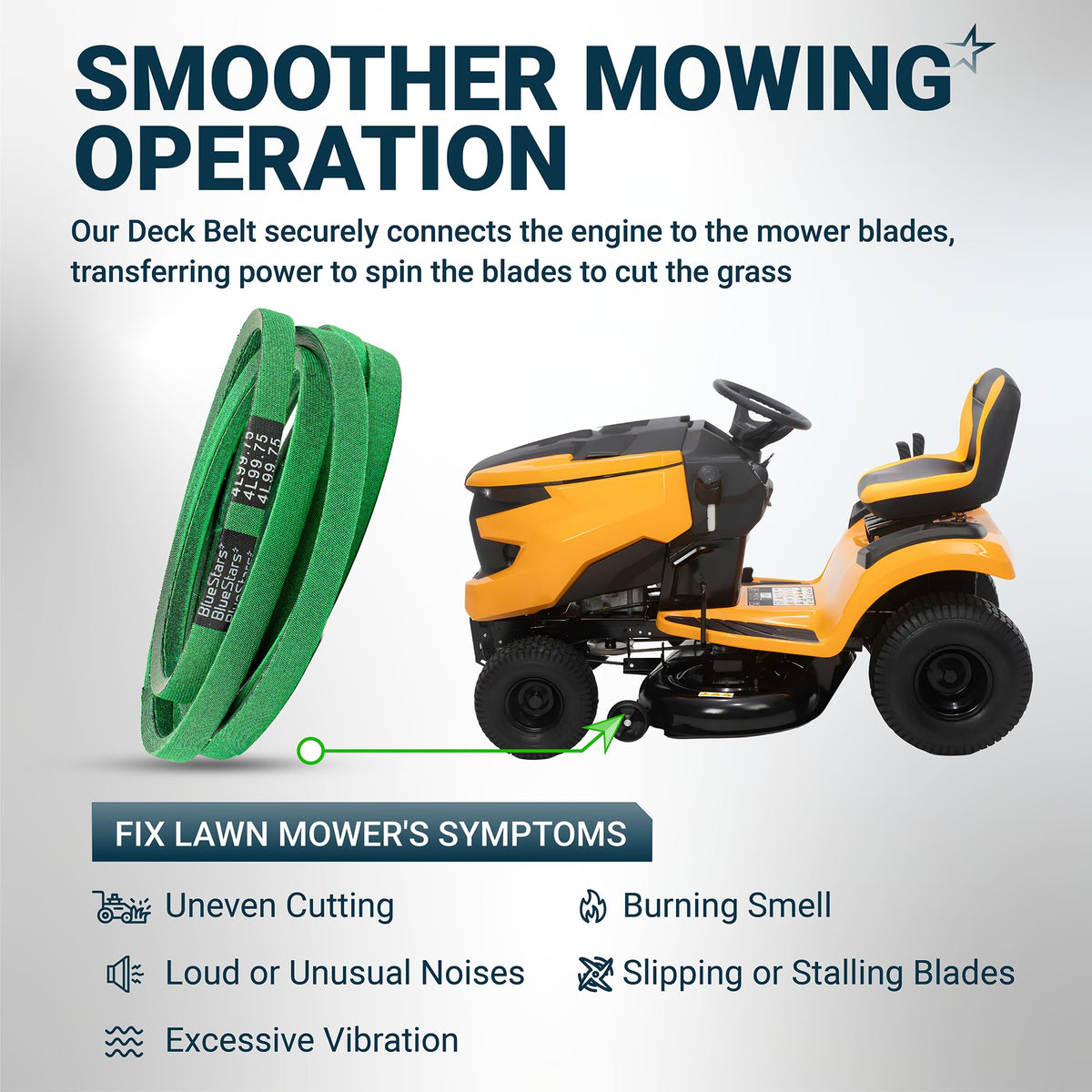 954-05021 mower deck belt diagram showing installation on a lawn tractor to fix common cutting and blade issues.