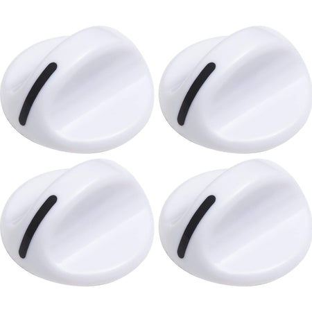 Set of four white dryer timer replacement knobs for Frigidaire and Electrolux dryers.