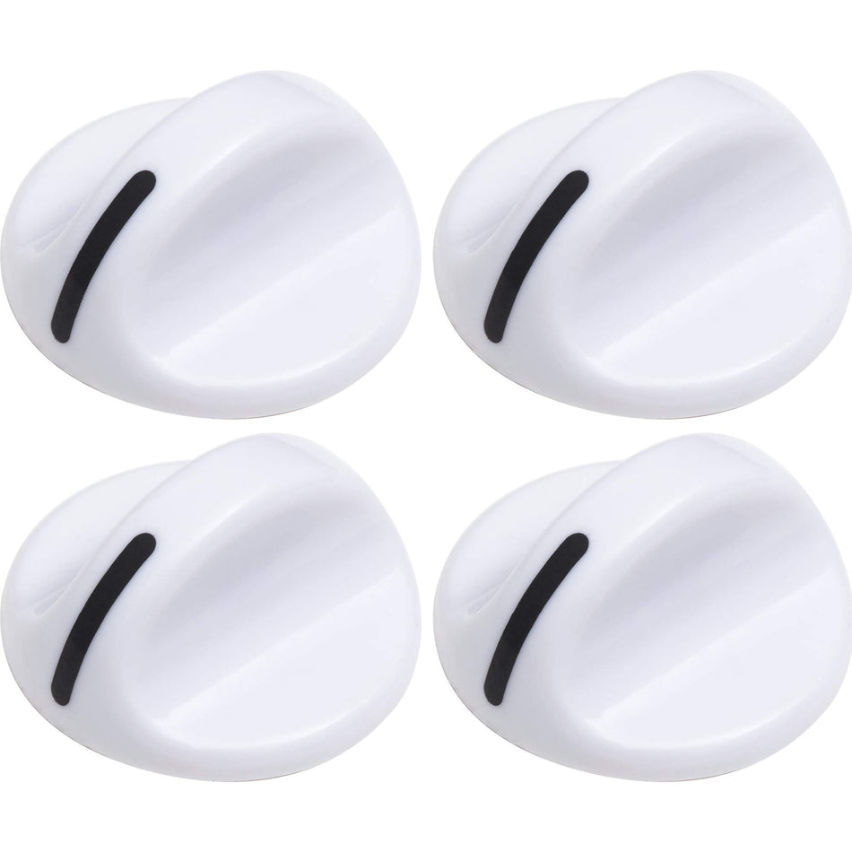 Set of four white dryer timer replacement knobs for Frigidaire and Electrolux dryers.