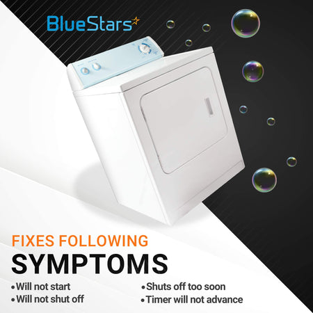 White dryer compatible with Frigidaire and Electrolux models, illustrating symptoms fixed by the 131965300 timer knob.