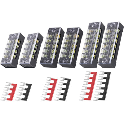 6-pack of 4, 5, and 6 position terminal strip blocks with matching red and black jumper strips.