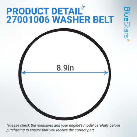 27001006 Washer Drive Belt, product detail diagram showing an 8.9-inch measurement across the belt