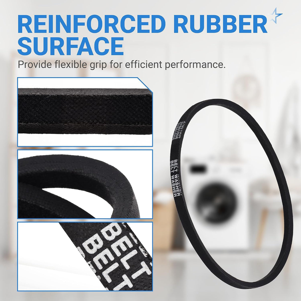 27001006 Washer Drive Belt showing reinforced rubber surface with close-up detail insets