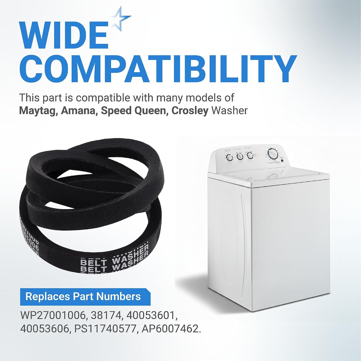 27001006 Washer Drive Belt compatibility graphic showing belts, a top-load washer, and replacement part numbers