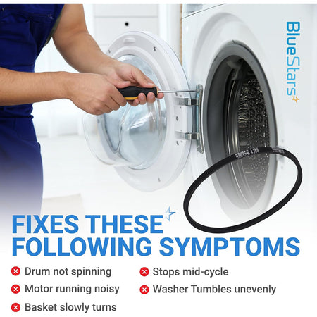 27001006 Washer Drive Belt beside a front-load washer being serviced, with listed washer symptom warnings