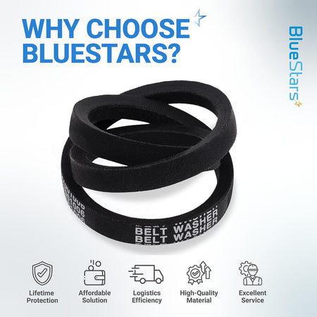 27001006 Washer Drive Belt - Multiple black belts shown with BlueStars branding and quality feature icons