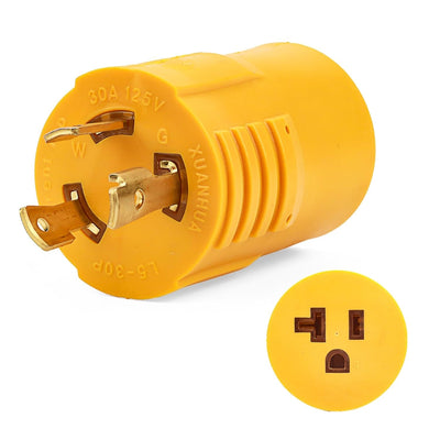 Yellow L5-30P locking plug adapter with 5-15/20R receptacle face view.