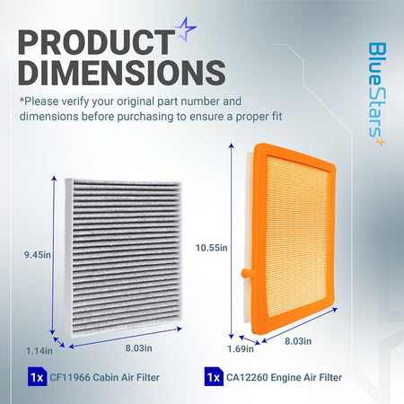 CF11966 Cabin Air Filter and CA12260 Engine Air Filter dimensions diagram with labeled measurements
