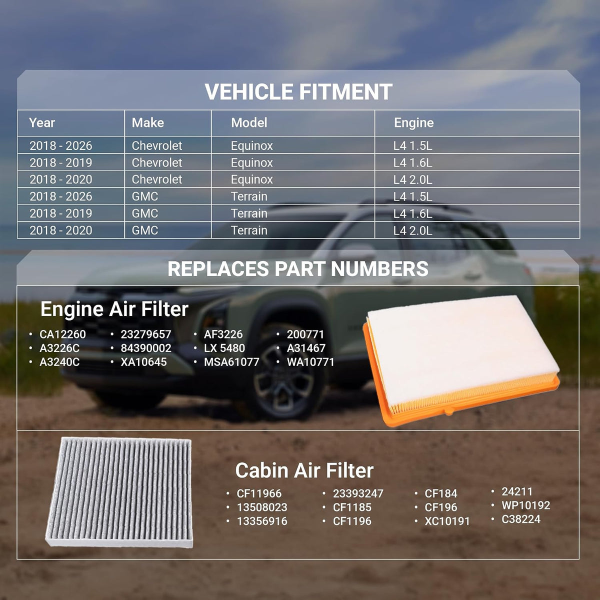 CF11966 Cabin Air Filter + CA12260 Engine Air Filter Kit showing vehicle fitment and replacement part numbers
