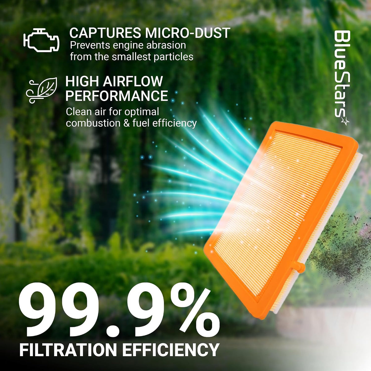CA12260 Engine Air Filter graphic showing orange filter, 99.9% filtration efficiency and high airflow performance