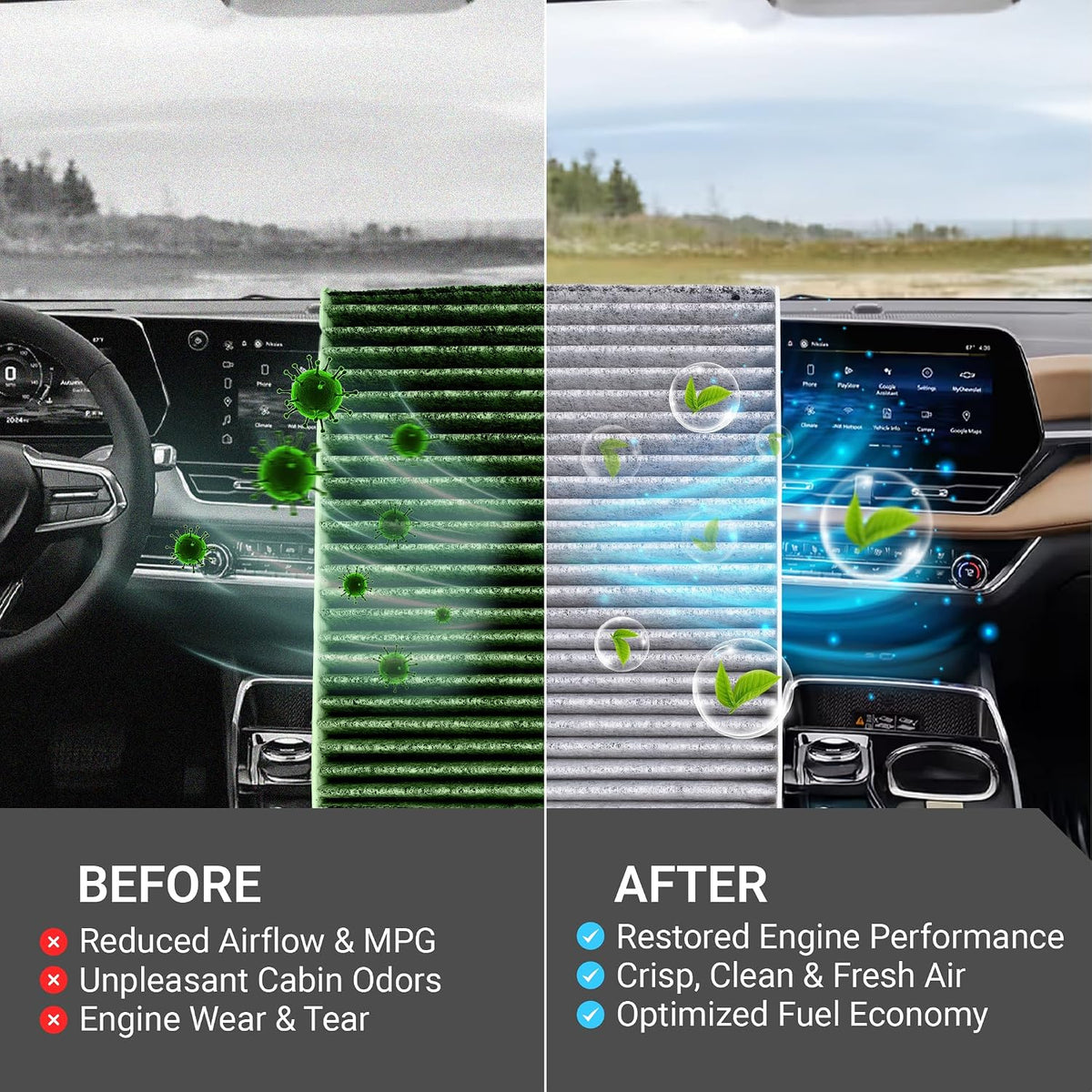 CF11966 Cabin Air Filter + CA12260 Engine Air Filter Kit, before-and-after airflow and air quality comparison