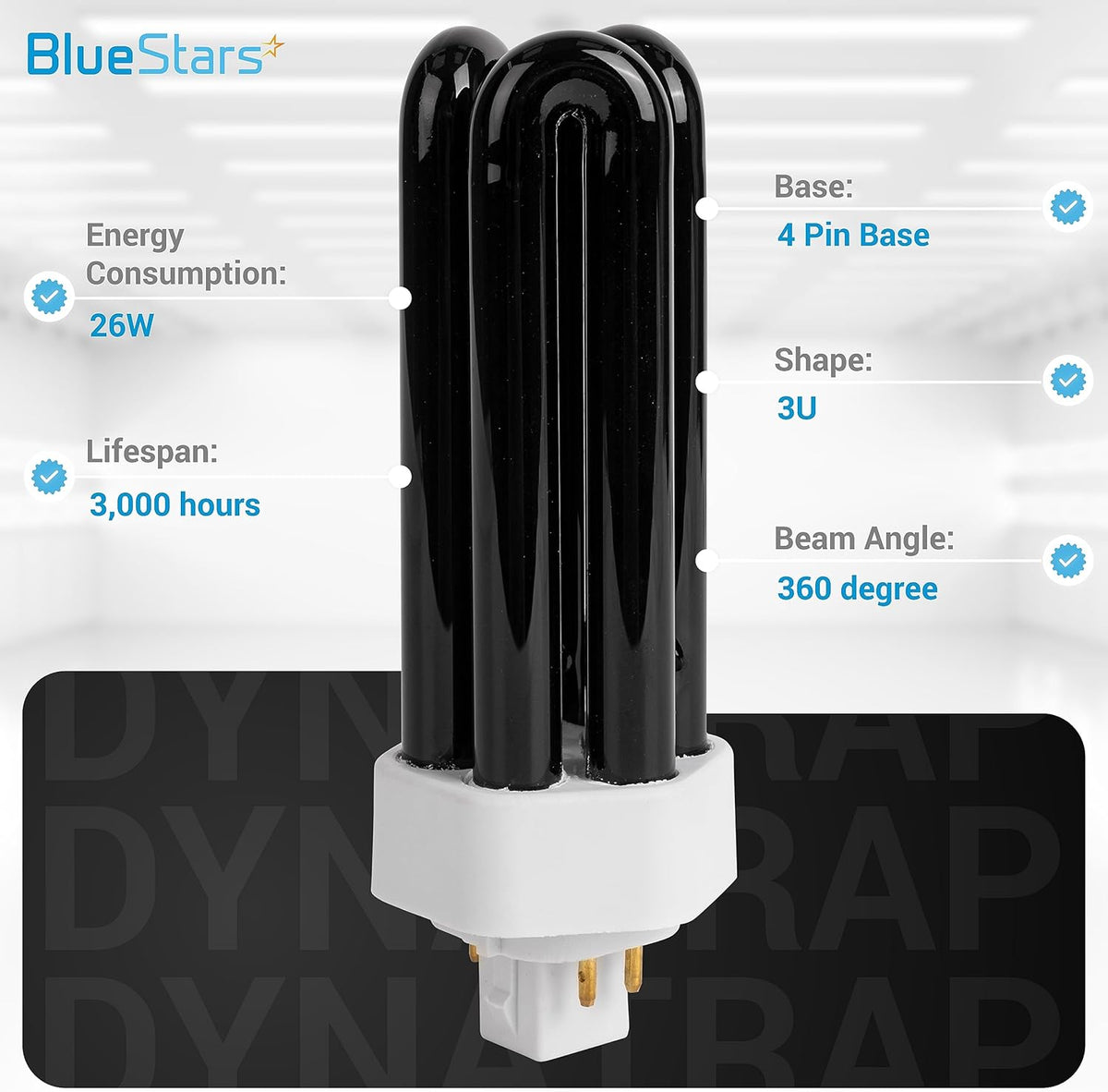 26W 3U black light bulb with 4-pin base and technical specification labels.