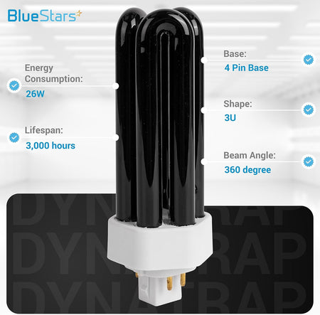 26W 3U black light bulb with 4-pin base and technical specification labels.