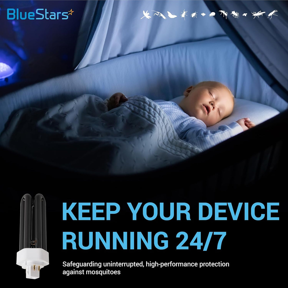 26W 3U 4-pin replacement bulb for mosquito trap device protecting a sleeping baby.