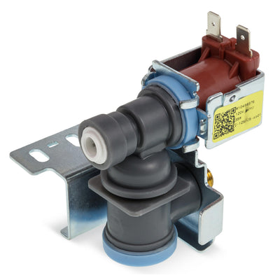 WPW10498976 refrigerator ice maker water inlet valve with mounting bracket and electrical terminals.