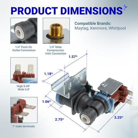 Dimensional diagram of WPW10498976 refrigerator water inlet valve showing connection sizes and terminal measurements.