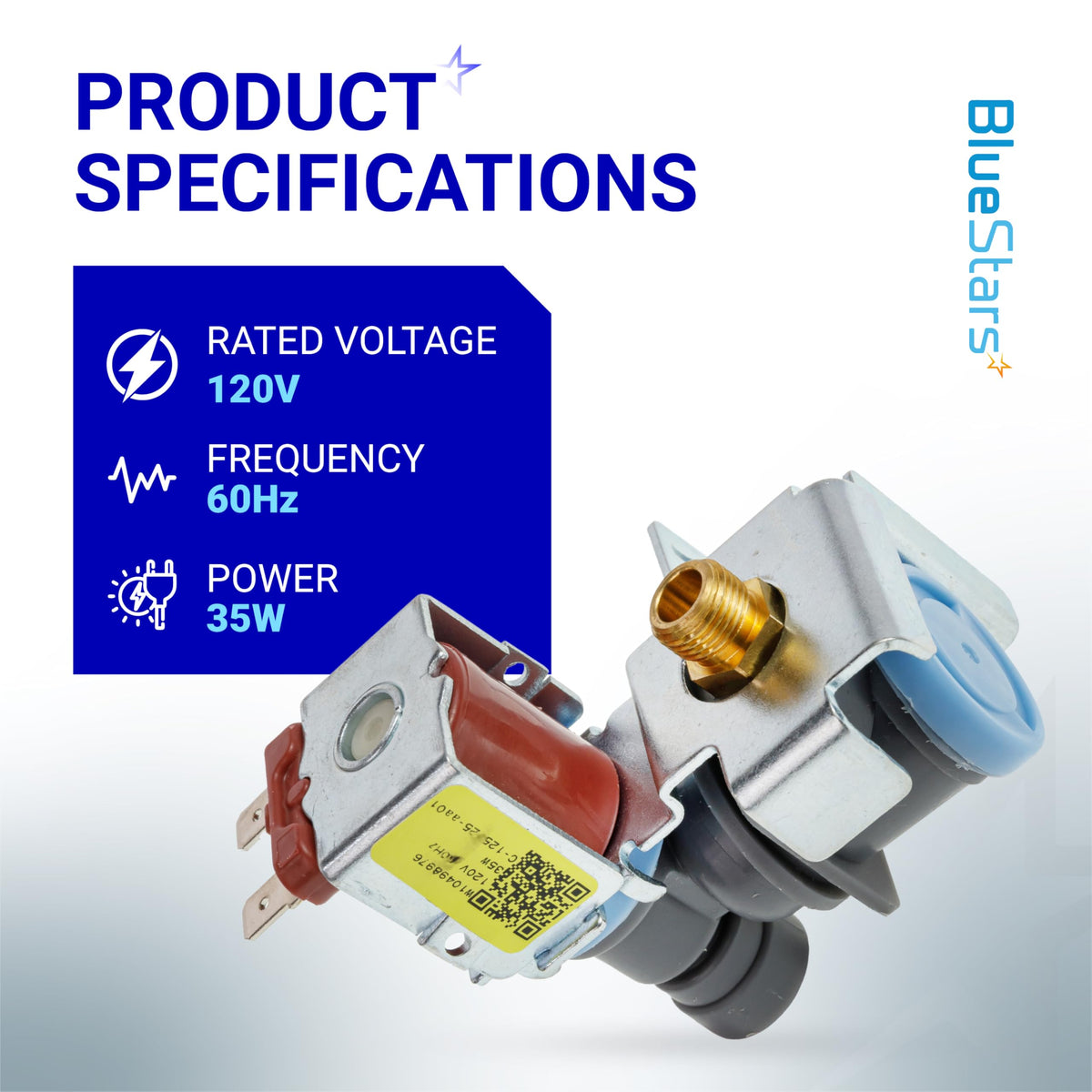 WPW10498976 refrigerator water inlet valve with technical specifications chart showing 120V, 60Hz, and 35W power.