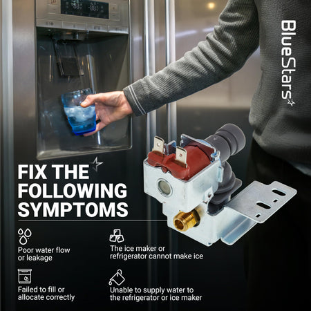 WPW10498976 refrigerator water inlet valve shown with symptoms of poor water flow and ice maker failure.