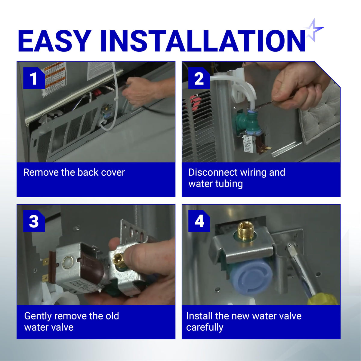 Four-step installation guide for replacing a refrigerator ice maker water inlet valve.