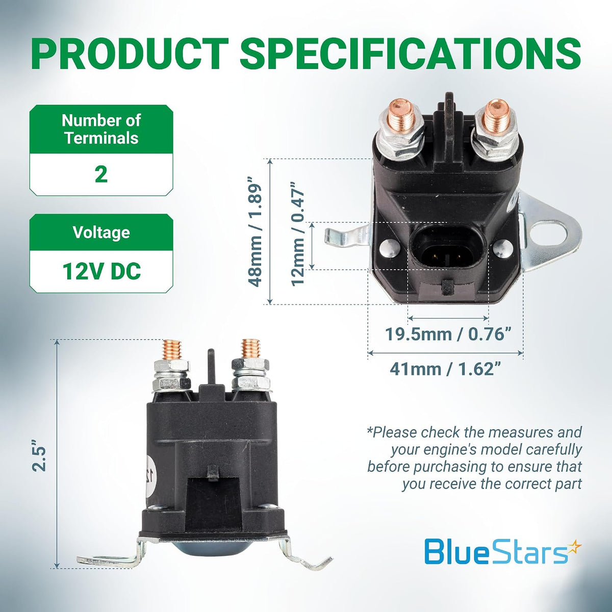 7CM-1241-212-51 Starter Solenoid 12V with 2 terminals, product specifications and dimension diagram