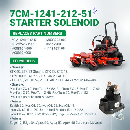7CM-1241-212-51 Starter Solenoid infographic showing the black 12V solenoid beside a red zero-turn mower