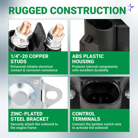 7CM-1241-212-51 Starter Solenoid 12V, construction graphic showing copper studs, ABS housing, bracket and control terminals