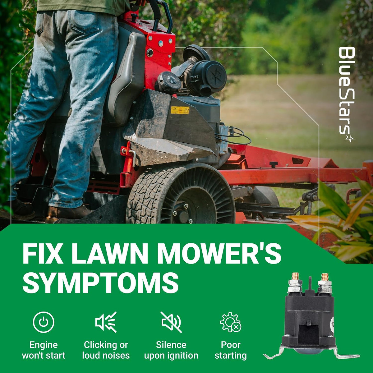 7CM-1241-212-51 Starter Solenoid 12V 2 Terminals, lawn mower symptoms graphic with solenoid inset