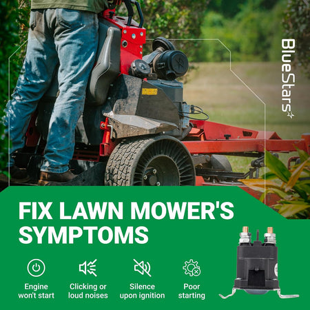 7CM-1241-212-51 Starter Solenoid 12V 2 Terminals, lawn mower symptoms graphic with solenoid inset