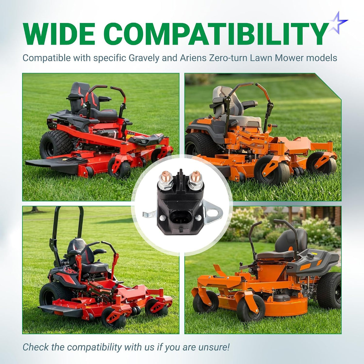 7CM-1241-212-51 Starter Solenoid compatibility graphic with Gravely and Ariens zero-turn mowers