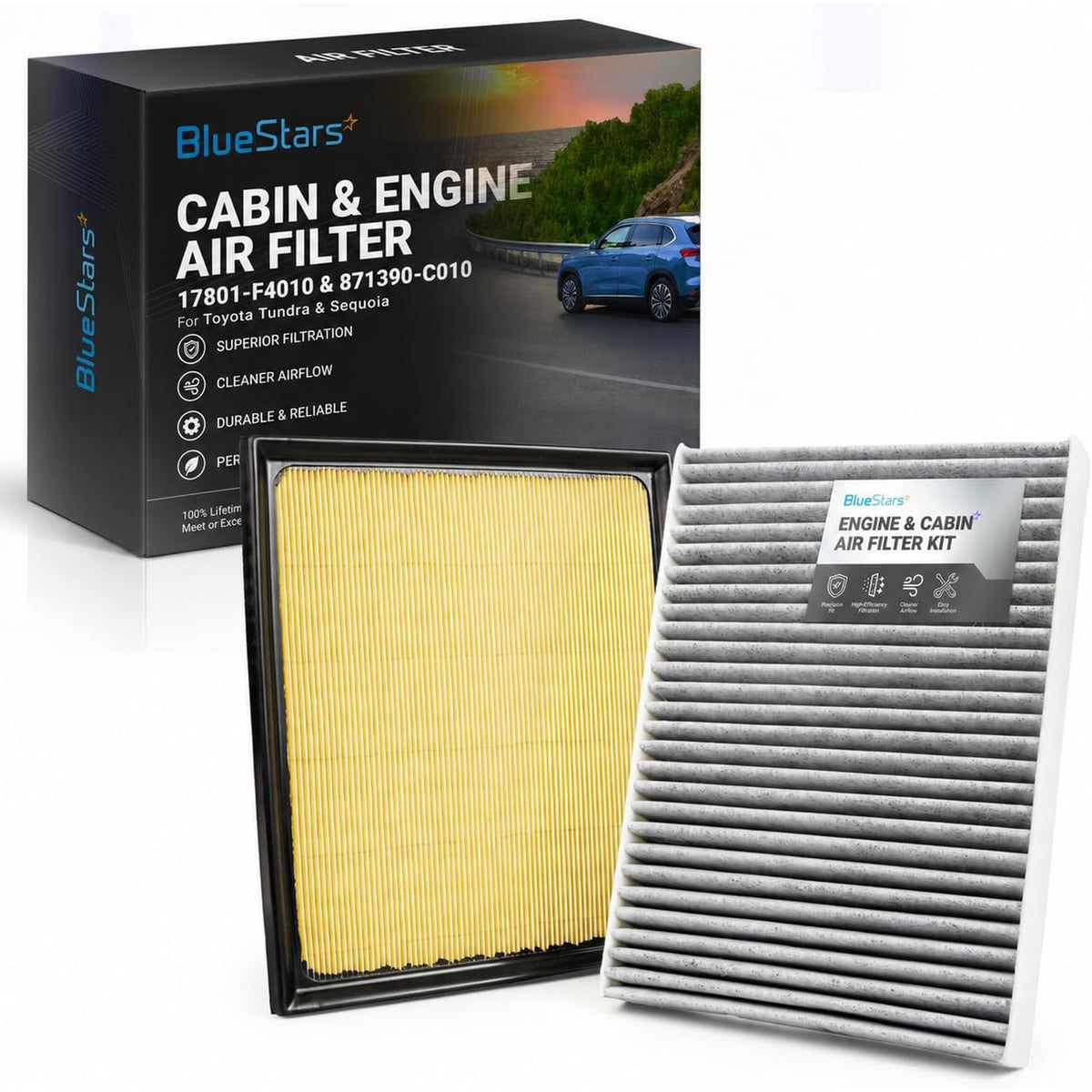 17801-F4010 & 87139-C010 Engine & Cabin Air Filter Combo, box with engine and cabin filters shown