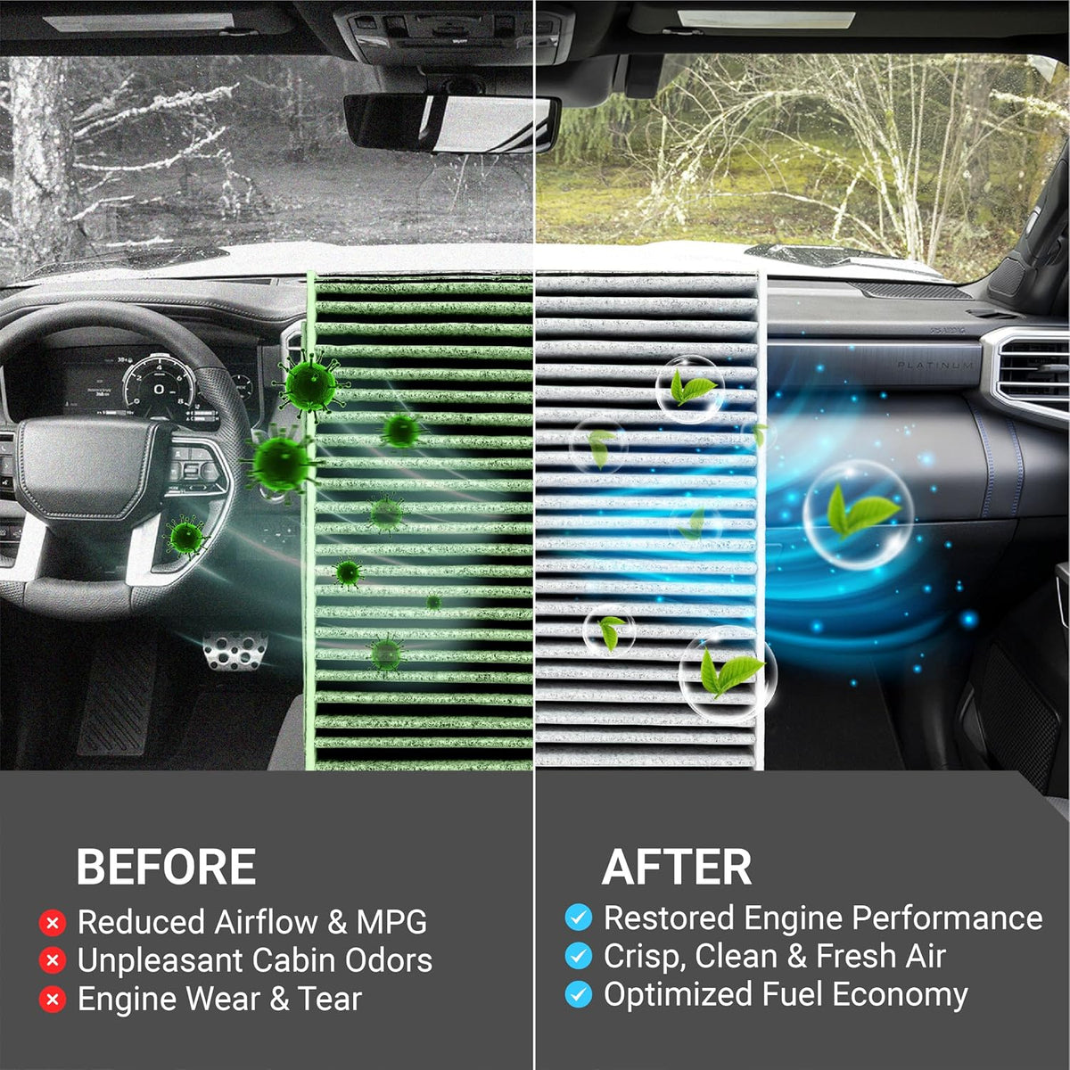 Engine & Cabin Air Filter Combo for Toyota Tundra & Sequoia, before-and-after filter comparison with vehicle interiors