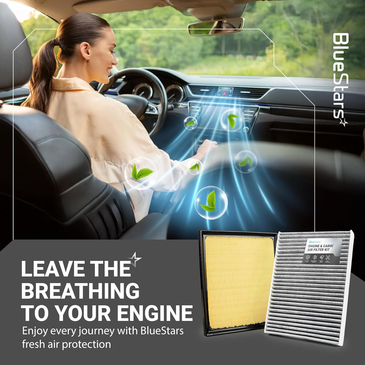 Engine & Cabin Air Filter Combo for Toyota Tundra & Sequoia, filters shown beside a vehicle interior with fresh-air graphics