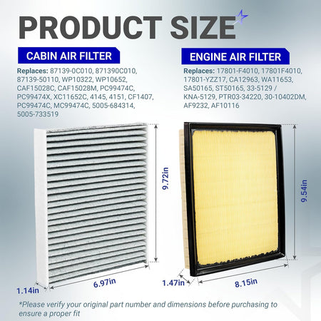 Engine & Cabin Air Filter Combo product size diagram showing cabin and engine filter dimensions and replacement numbers