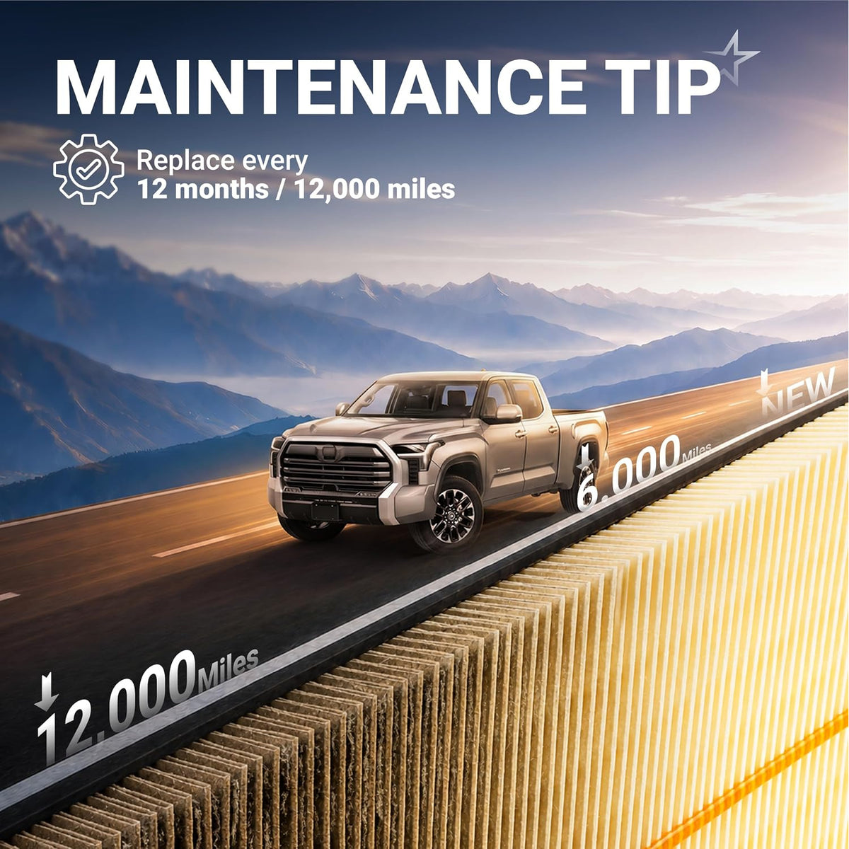 Engine & Cabin Air Filter Combo, maintenance graphic showing a Toyota truck and 12-month, 12,000-mile replacement tip
