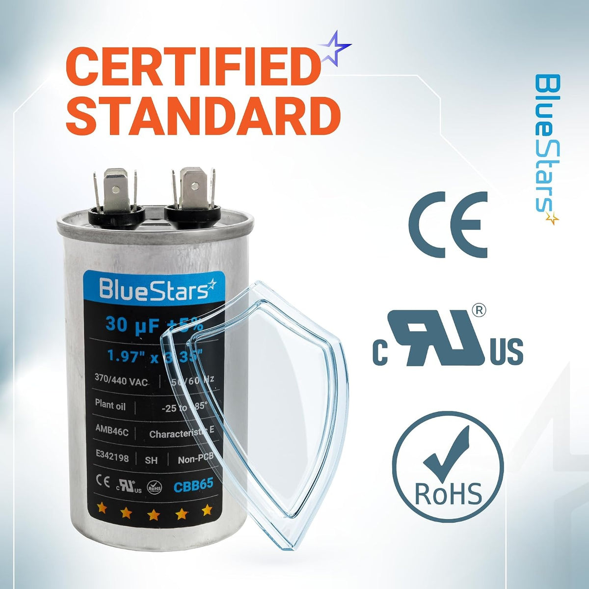 30 uF CBB65 round motor run capacitor with CE and cRUus certification labels.