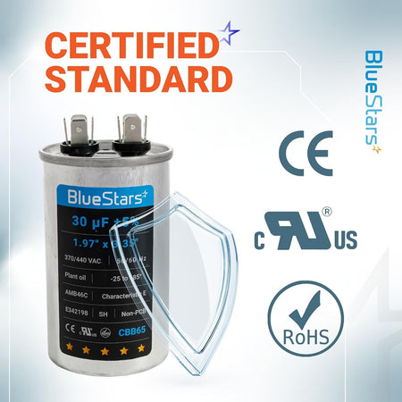 30 uF CBB65 round motor run capacitor with CE and cRUus certification labels.