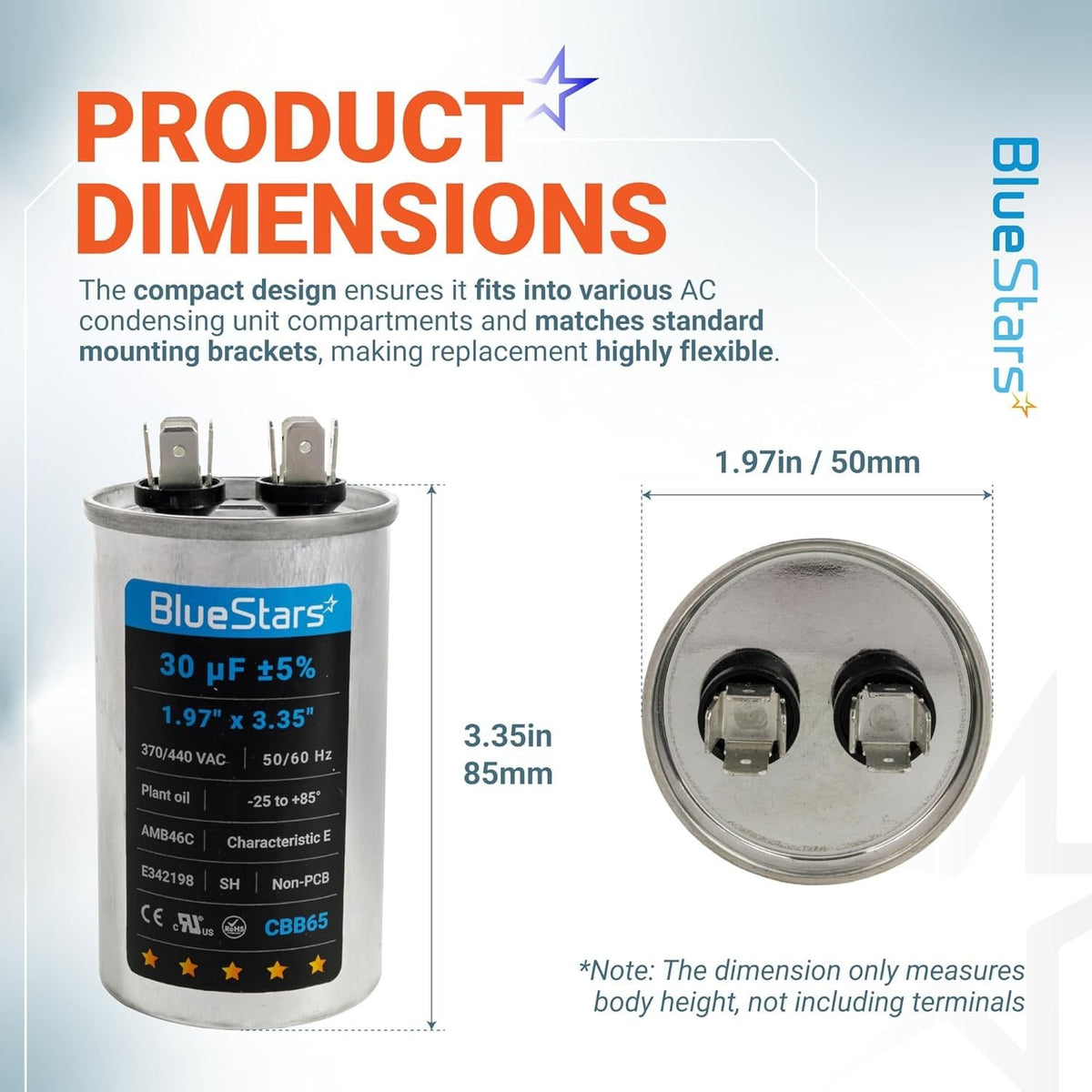 Dimension diagram of 30uF 370V/440V CBB65 motor run capacitor showing height and diameter measurements.