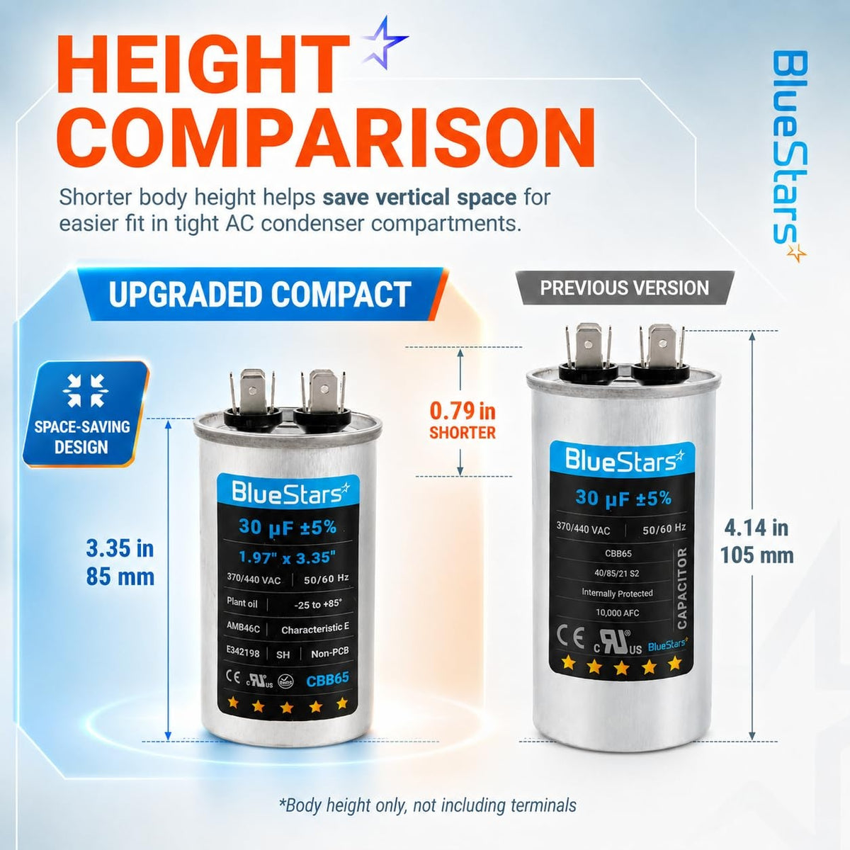 Comparison chart showing height difference between upgraded compact 30uF CBB65 motor run capacitor and previous version.