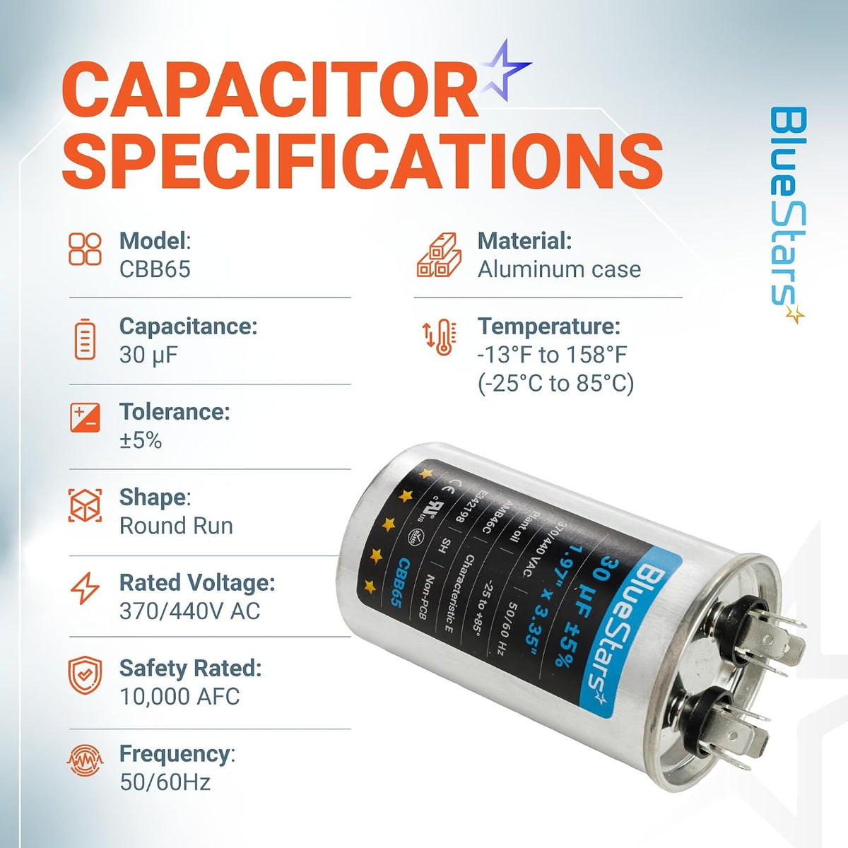 Infographic showing technical specifications for a 30uF 370V/440V CBB65 round motor run capacitor.